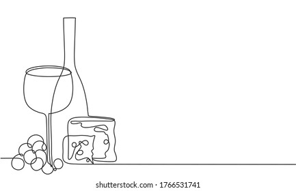 Wine glass  bottle wine   grapes  Still life  Sketch  Draw continuous line  Decor  Vine   cheese 