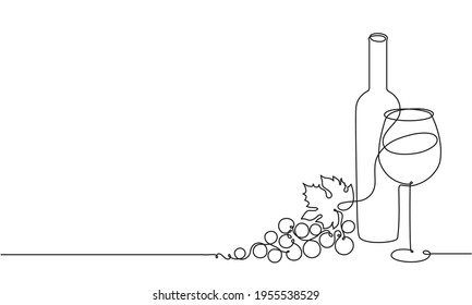 Wine glass  bottle wine   grapes  Still life  Sketch  Draw continuous line  Decor