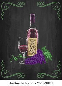 Wine glass and bottle with grapes and vines on chalkboard background, vector, illustration