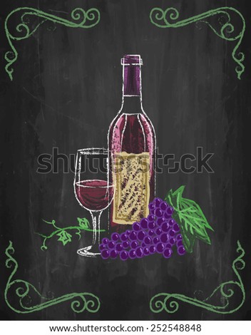 Wine glass and bottle with grapes and vines on chalkboard background, vector, illustration