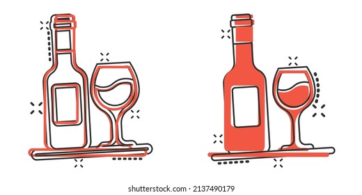 Wine glass and bottle icon in comic style. Champagne beverage cartoon vector illustration on isolated background. Cocktail drink splash effect sign business concept.