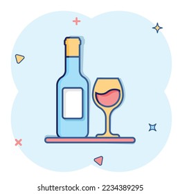 Wine glass and bottle icon in comic style. Champagne beverage cartoon vector illustration on isolated background. Cocktail drink splash effect sign business concept.