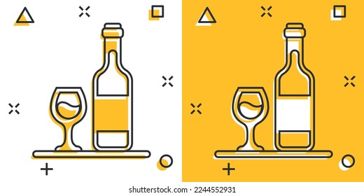 Wine glass and bottle icon in comic style. Champagne beverage cartoon vector illustration on isolated background. Cocktail drink splash effect sign business concept.