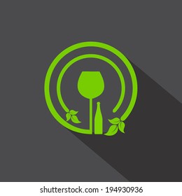 Wine glass and bottle icon with leaf stock vector