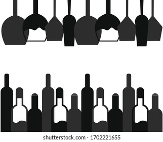 Vidrio de vino e icono del frasco sobre fondo blanco. modelo de ilustración de la copa de vino y del símbolo de botella color editable