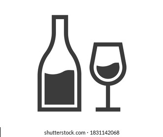 Wine glass and bottle icon vector shape silhouette line outline art pictogram, champagne or alcohol beverage menu bar idea sign