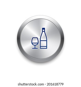 Wine glass and bottle icons on metal button. Vector background. 