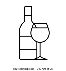 Vino en vaso y botella, línea simple icono. Bebida alcohólica diseño plano. Ilustración de vector