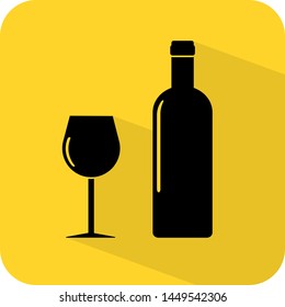 Wine glass and bottle logo. Flat 3D shadow design. yellow background black vector. product brand service label banner board display. App icon.