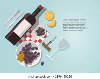 Wine glass, wine bottle, olives and grapes composition on blue background. Vector Illustration