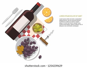 Wine glass, wine bottle, olives and grapes composition on white background. Vector Illustration