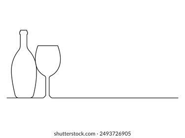 Weinglas und Weinflasche in einer durchgehenden Strichzeichnung Vektorillustration