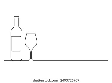 Wine glass and bottle in one continuous line drawing vector illustration
