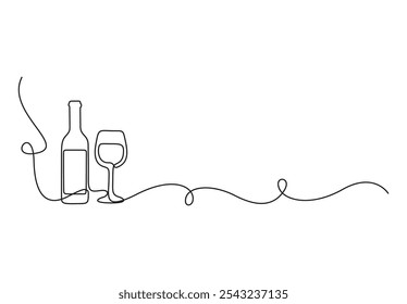 Wine glass and bottle one continuous line drawing illustration. Hand drawn linear silhouette icon. Minimal design element for print, banner, card, wall art poster, brochure, postcard.