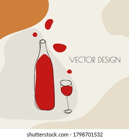 Wine glass and bottle of red wine in sketch style. Vector concept illustration of alcoholic drinks. Poster for wine tasting, party, restaurant menu.