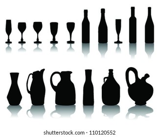 Wine glass and bottle silhouettes 4-vector