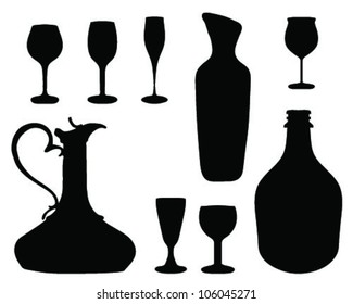 Wine glass and bottle silhouettes, vector