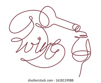 Wine glass and bottle. Single line drawing with the text "wine" in a modern style. Design element for tasting, menu, wine list, restaurant, winery, shop.