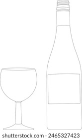 Wine glass and bottle of wine. Vector. Outline drawing.