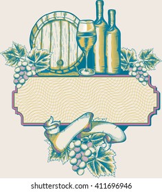 Wine glass, bottles and barrel with decorative grape leaves