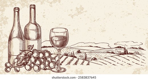 Wine glass, bottles, grape against tuscany landscape, vineyard fields. Vector hand drawn vintage sketch illustration on watercolor background. Winery shop label, menu design element. Removable texture