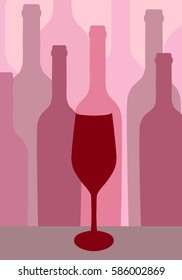 Wine glass with wine bottles illustration for cafe and restaurant design. Vector flat art.