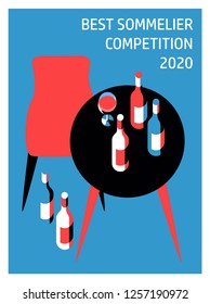 Wine glass and bottles on the table, top view. Poster design for sommelier competition. Vector illustration