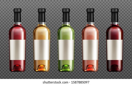 Wine glass bottles with red, green, golden and rose liquid realistic vector illustration. Clear winery bottle for alcohol, closed with cork and blank paper label, isolated on transparent background