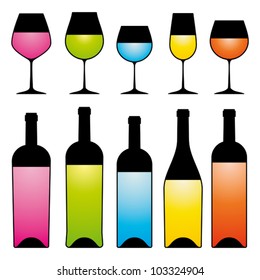 Wine glass and bottles silhouettes, vector.
