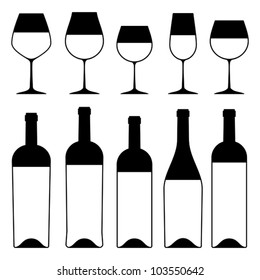 Wine glass and bottles silhouettes, vector.