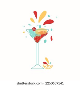 Wine glass.  Bright color illustrations with alcoholic drinks. Cocktail, fruit drink. Martini. Drops and splashes of wine. Vector graphics. 