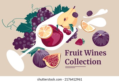 wine glass with a bunch of grapes, citrus fruits, various fruits, berries. Retro style. Flat vector illustration. A collection of fruit wines