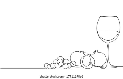 Wine glass, and a bunch of grapes,  pomegranate. Still life. Sketch. Draw a continuous line. Decor