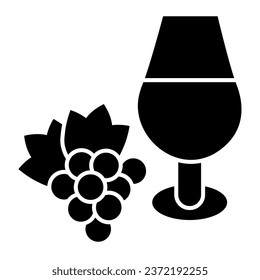 Wine glass and a bunch of grapes solid icon. Full wineglass and grape with leaf glyph style pictogram on white background. Winery signs for mobile concept and web design. Vector graphics