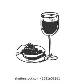 Copo de vinho com caviar. Ilustração desenhada à mão de um copo de vinho cheio de vinho tinto ao lado de um pequeno prato contendo colherada de caviar. A imagem em preto e branco e tem um vintage, esboço.