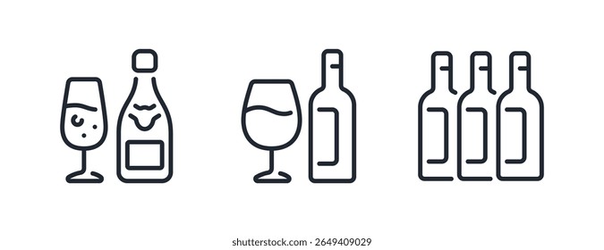 Copo de vinho, champanhe e garrafas ícones de contorno de traçado editável conjunto isolado no fundo branco ilustração vetor plana. Pixel perfeito. 64 x 64.