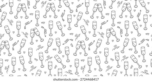 Weinglas, Wein, Champagner. Nahtloses Muster. Valentinstag. Satz handgezeichneter Liniensymbole, Doodles. Herzform, Pfeile. Vektor, sich wiederholender Hintergrund.