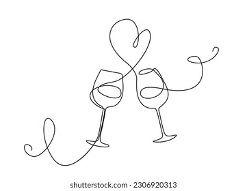 Wine Glass Glass Cheering Continuous Line Draw with Heart, Minimalistic Monoline Love Toast, Alcohol Drink Holiday Drawing, One Line Wine Glass Wedding Illustration