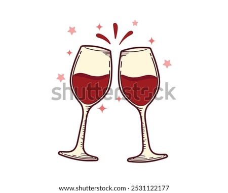 Wine Glass, Wine Glass Cheers vector Illustration, Wine Clebration Glass Cartoon, Wine Outline Vector Image.