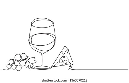 Wine Glass, Cheese, Fruit, Grape. Vector. Drawing By Continuous Line. Doodle. Sketch