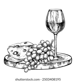 Wine glass with cheese and grapes. A graphic vector illustration drawn by hand. Isolate on a white background. An element of packaging and label design. For banners and posters. For restaurant and bar