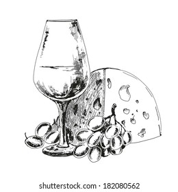 Wine glass with cheese  and grapes. Hand drawn illustration