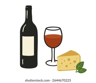 Wine Glass with Cheese Plate for an Elegant Italian Dining Experience Vector illustration