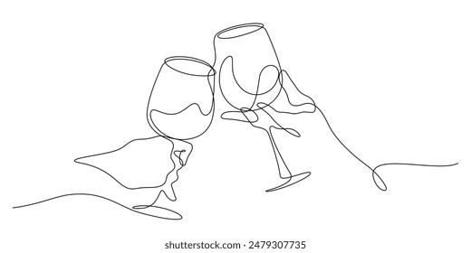 una copa de vino chinking cheers una línea dibujando Ilustración vectorial de minimalismo continuo. celebración toast cheers pose line art