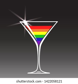 Wine glass. Cocktail glass with colors of LGBT flag on black background. Vector illustration