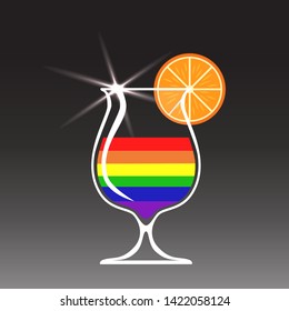 Wine glass. Cocktail glass with colors of LGBT flag on black background. Vector illustration
