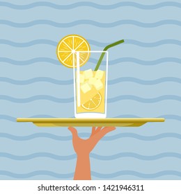 Wine glass. Cocktail with lemon on tray on sea background. Vector illustration