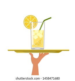 Wine glass. Cocktail with lemon on tray on white background. Vector illustration