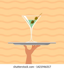 Wine glass. Cocktail martini on tray on summer background. Vector illustration