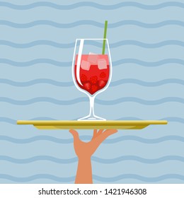 Wine glass. Cocktail multicolor with strawberry on tray on sea background. Vector illustration
